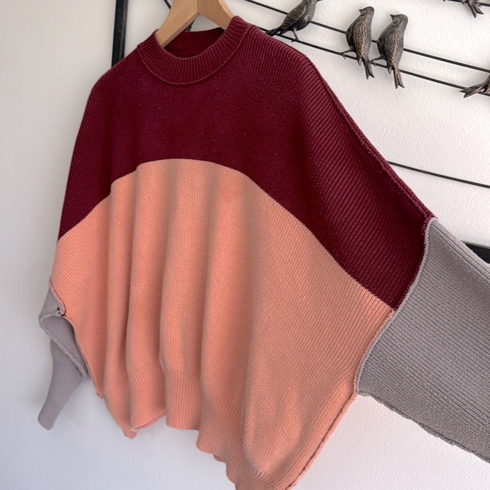 Free People Oversized Colorblock Knit Sweater Burgundy Peach Gray XS Boho Indie - Picture 4 of 10